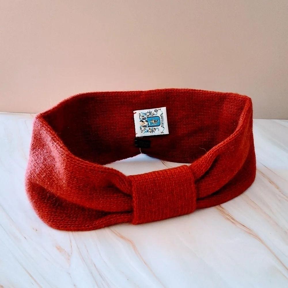 💥 Portolano 100% Cashmere Headband – Rust Red Bow Design